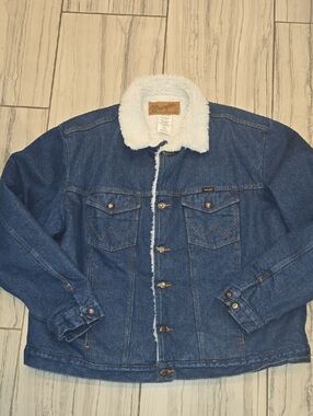 Wrangler Blue Denim Jacket with White Sherpa Collar.  Euc.  Worn Once.